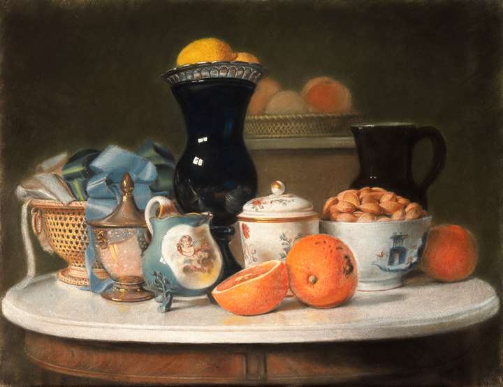 A Still Life of Porcelain and Fruit on a Marble-Top Table